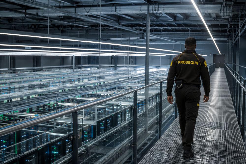 A Prosegur security guard on patrol at a data center